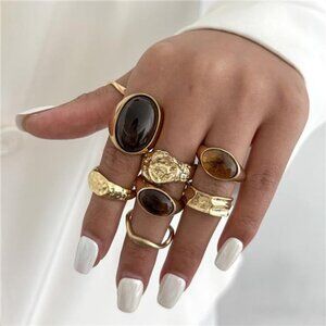 Vintage Boho Gemstone Ring Set – 6-8pc Gold-Tone Stackable Punk Statement Rings